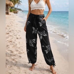 JPR Outfit Pure Linen Black White Floral W/Sequence Ankle Pants Beach Size M.